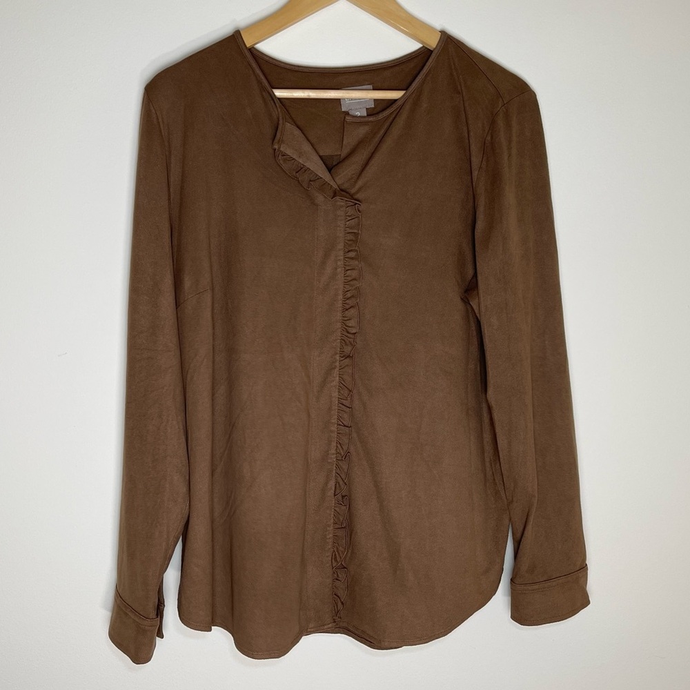 Chico's | Chocolate Brown Faux Suede Ruffle Front Top | Large
